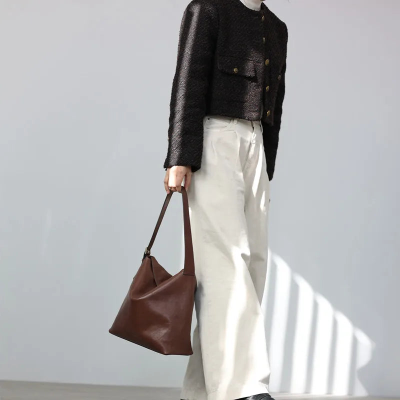 Structured Leather Shoulder Tote Bag