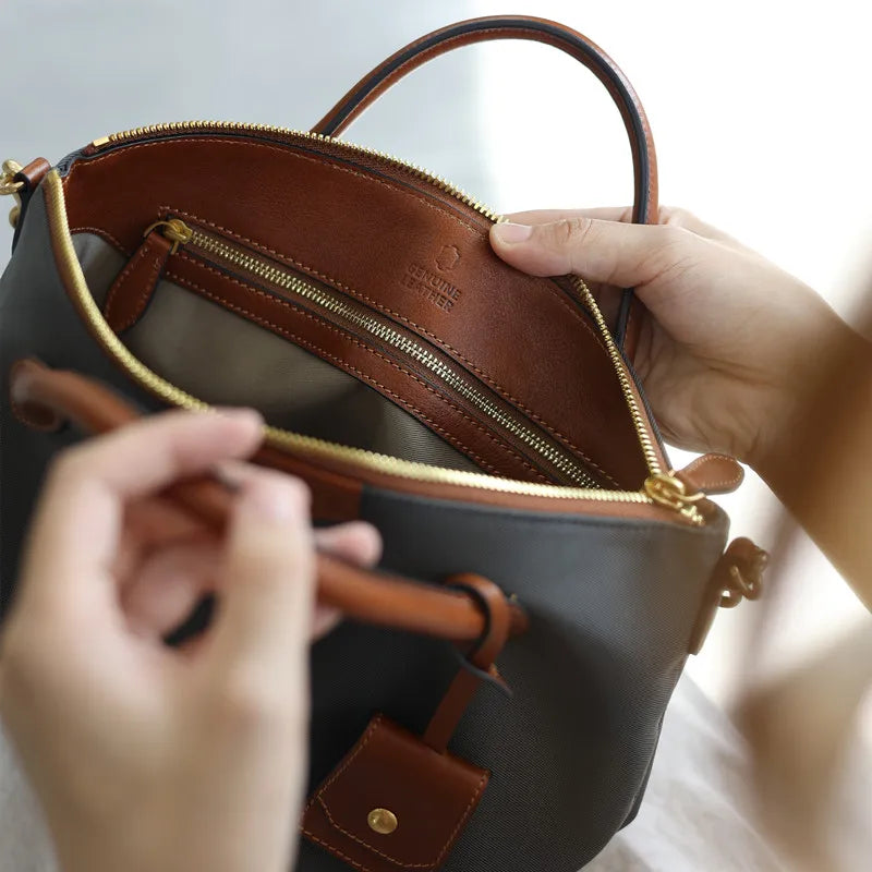 Nylon Leather Trim Crossbody Tote