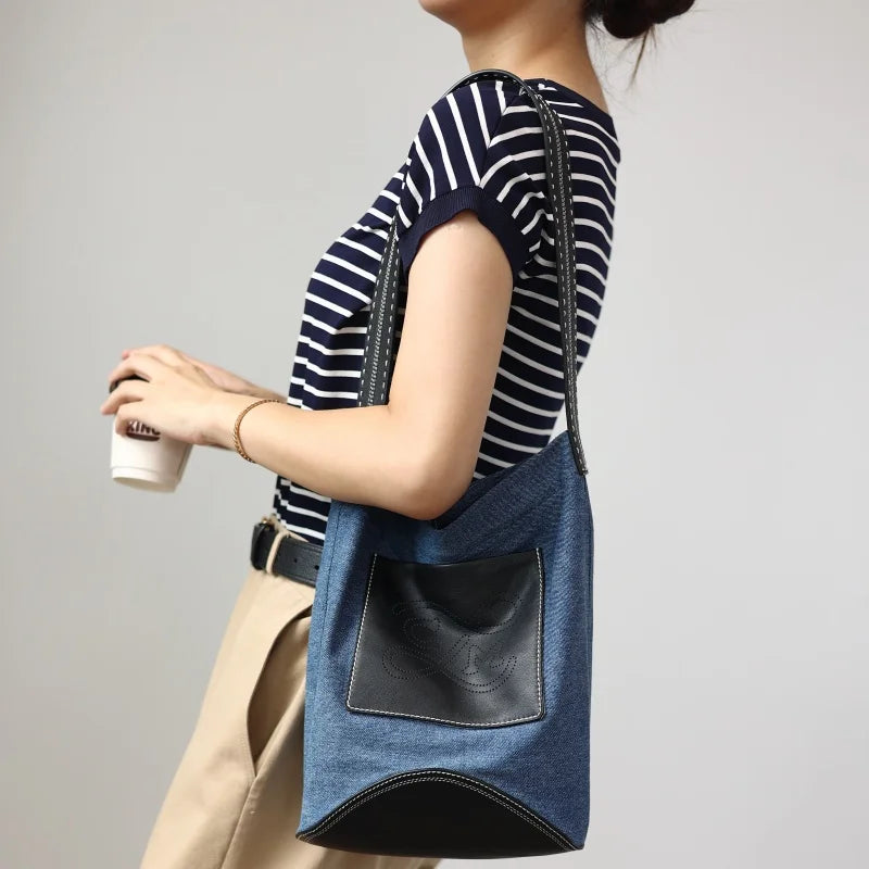 Denim Leather Pocket Shoulder Bag