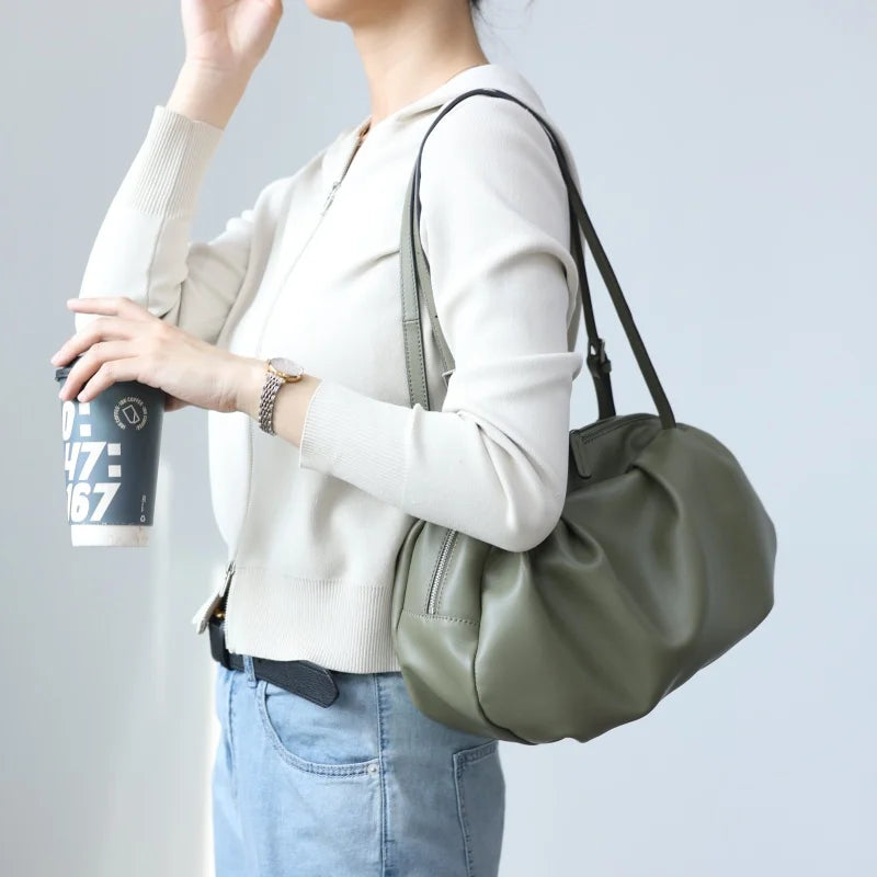 Ruched Leather Shoulder Bag