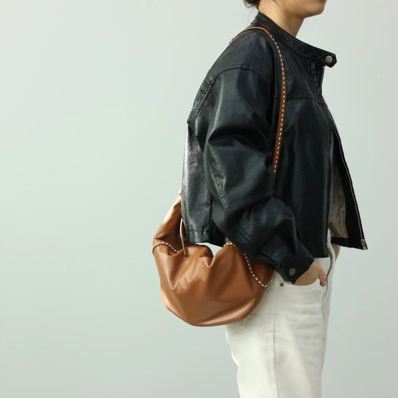 Stitched Leather Crescent Shoulder Bag