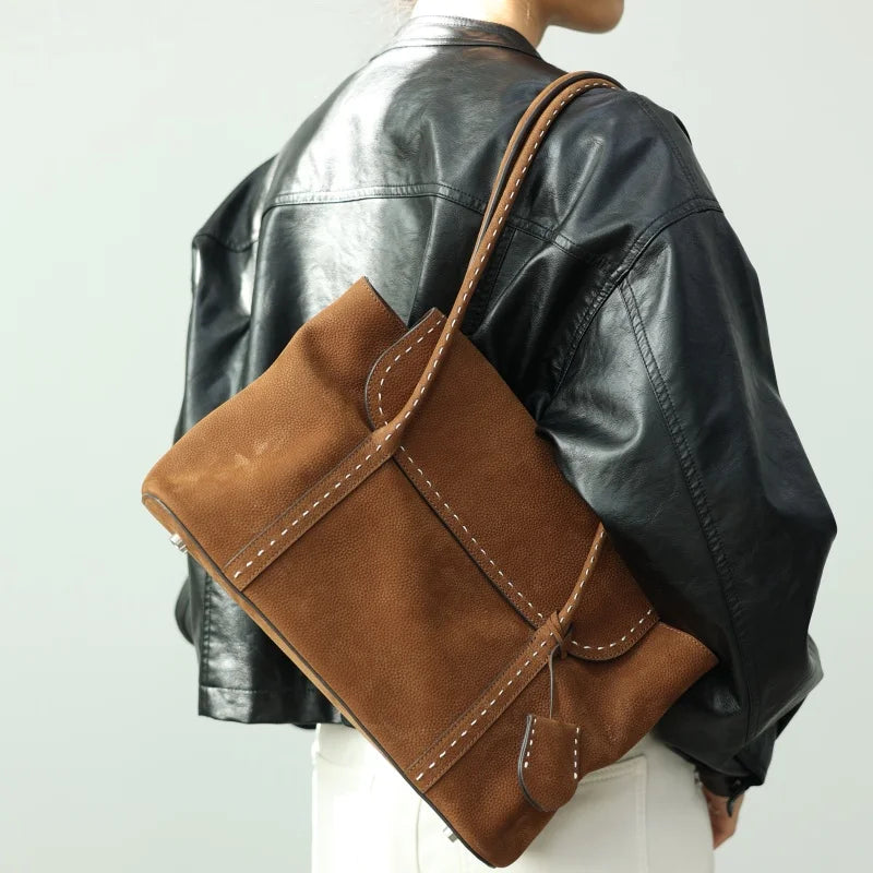 Suede Leather Trim Tote Set