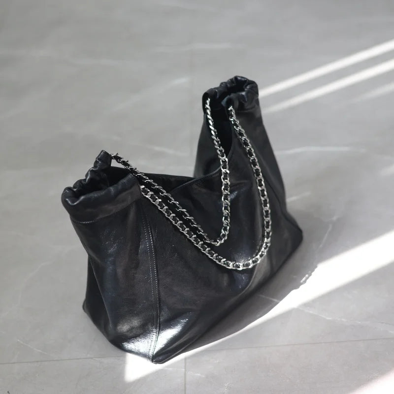 Chain Strap Leather Shoulder Tote