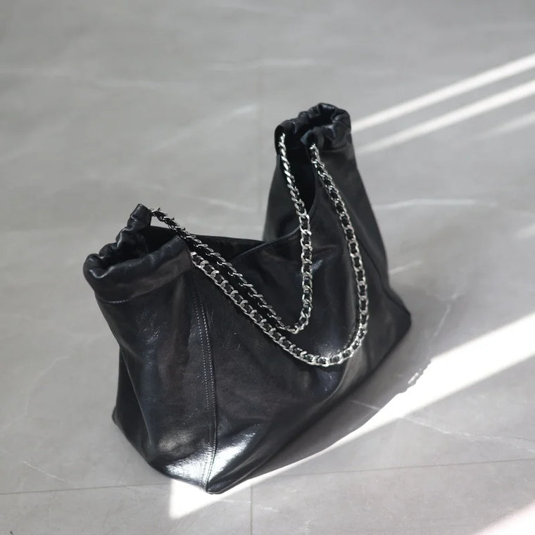Chain Strap Leather Shoulder Tote