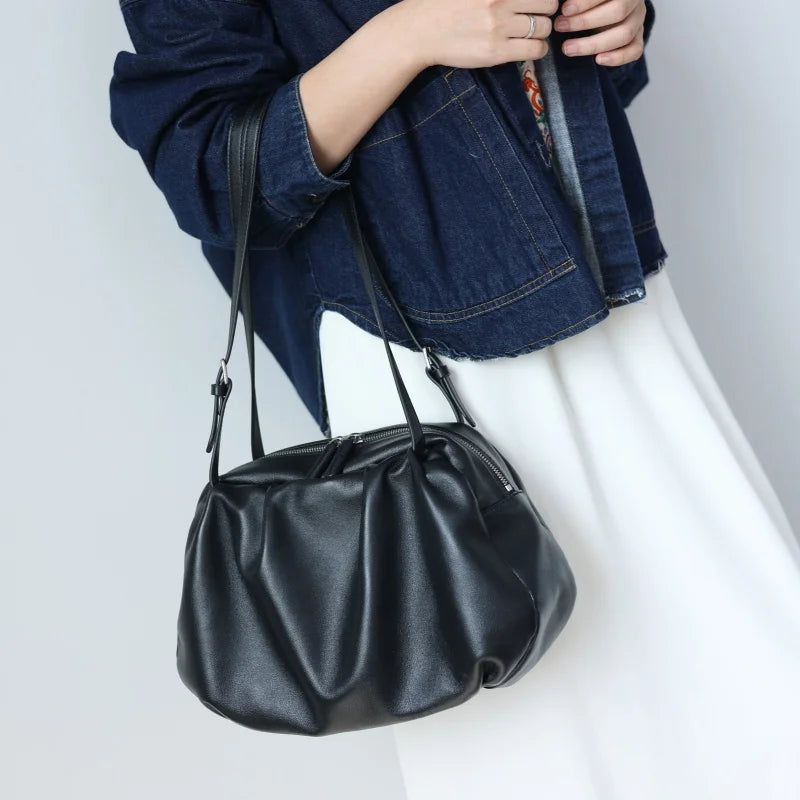 Ruched Leather Shoulder Bag