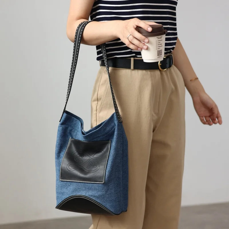 Denim Leather Pocket Shoulder Bag