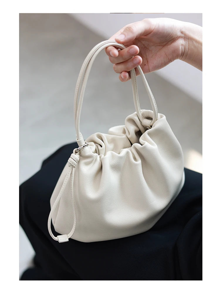 Ruched Leather Drawstring Shoulder Bag