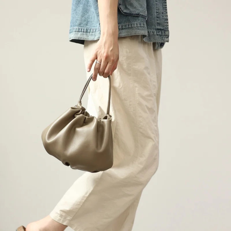 Ruched Leather Drawstring Shoulder Bag