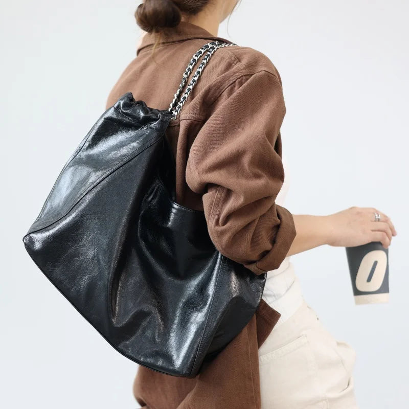 Chain Strap Leather Shoulder Tote