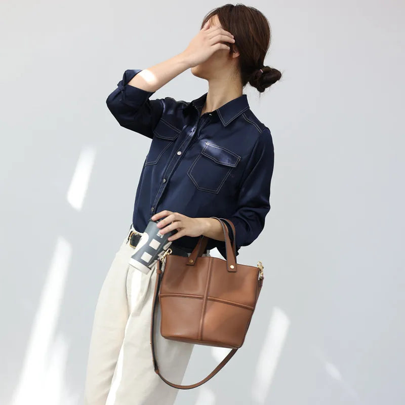 Leather Bucket Crossbody Tote Bag