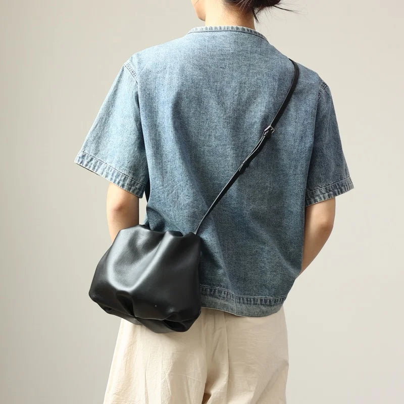 Ruched Leather Drawstring Shoulder Bag