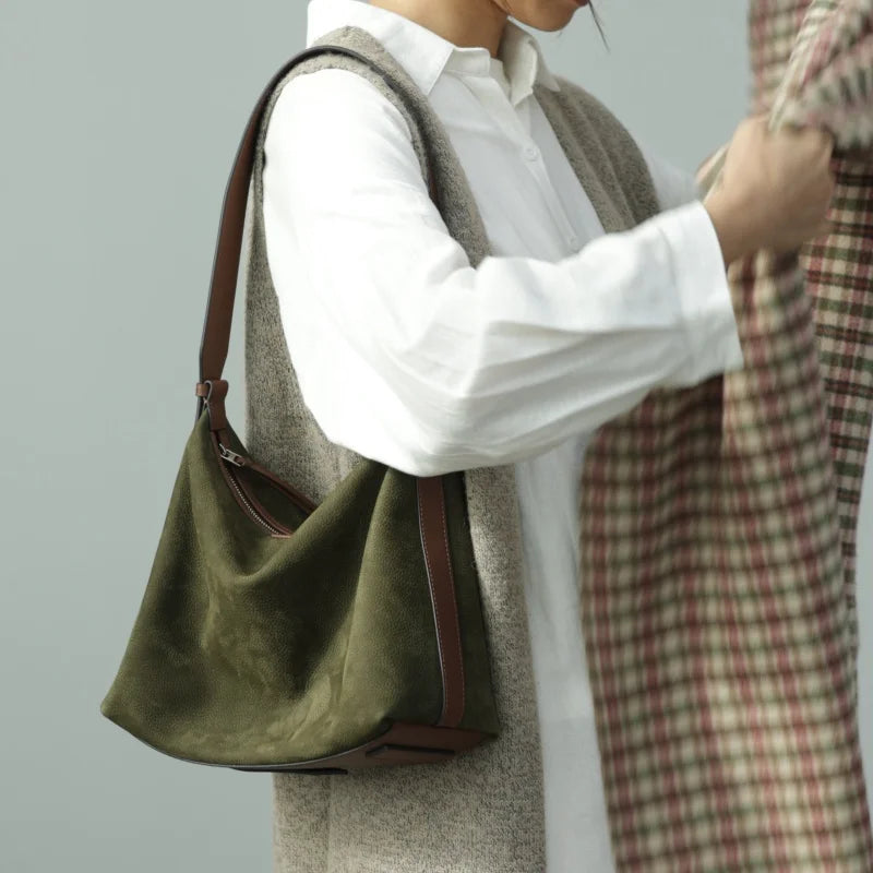 Suede Leather Trim Hobo Bag