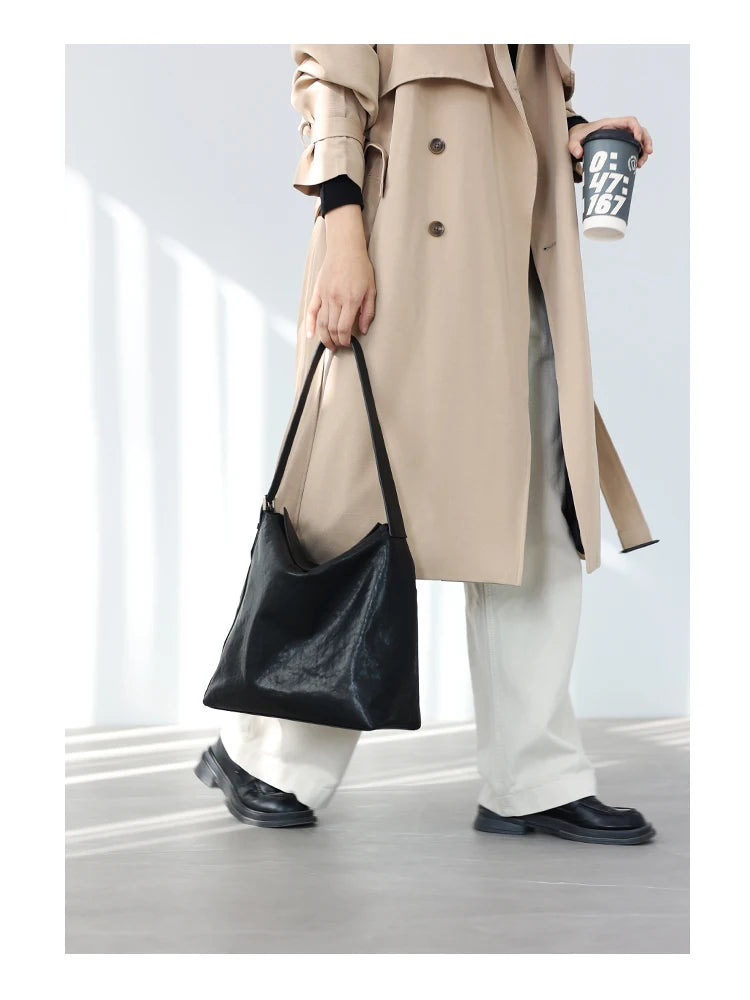 Structured Leather Shoulder Tote Bag