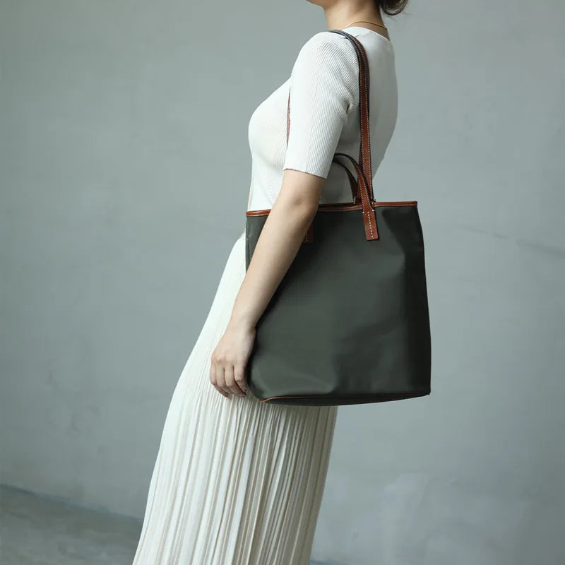 Nylon Leather Trim Tote Bag