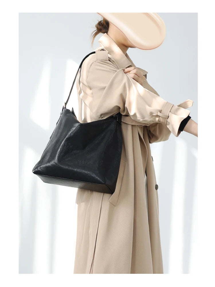 Structured Leather Shoulder Tote Bag