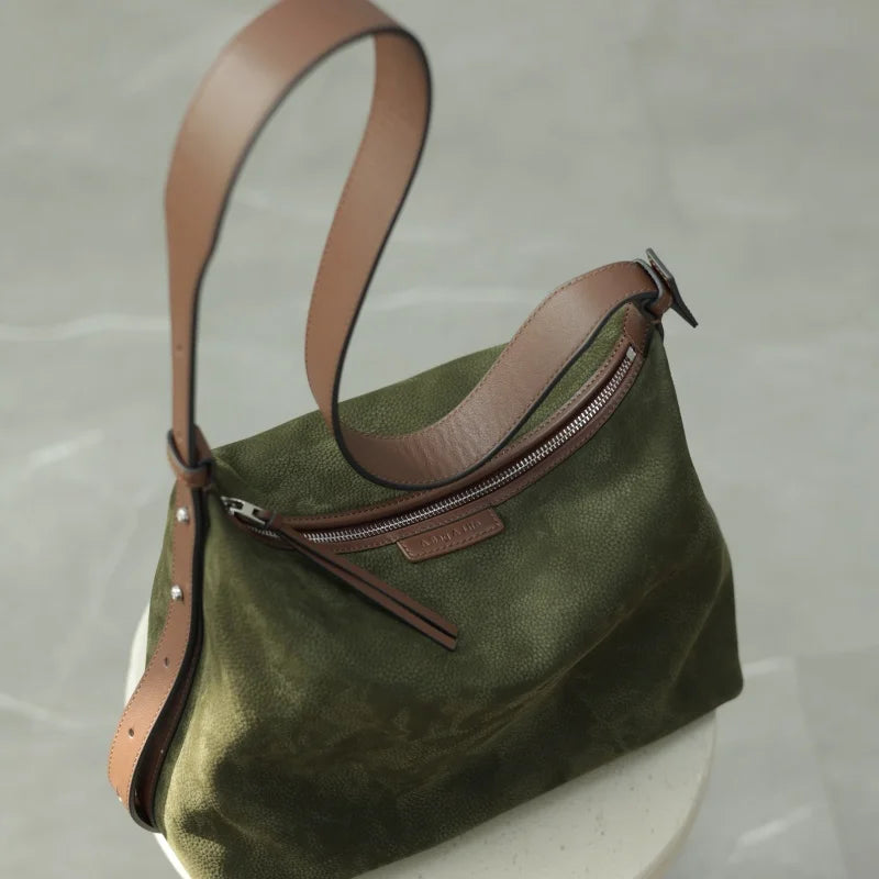 Suede Leather Trim Hobo Bag