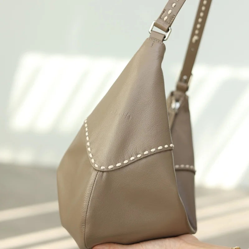 Stitched Leather Crescent Shoulder Bag