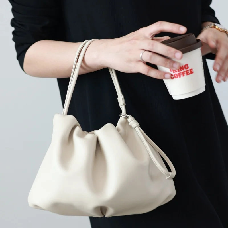 Ruched Leather Drawstring Shoulder Bag