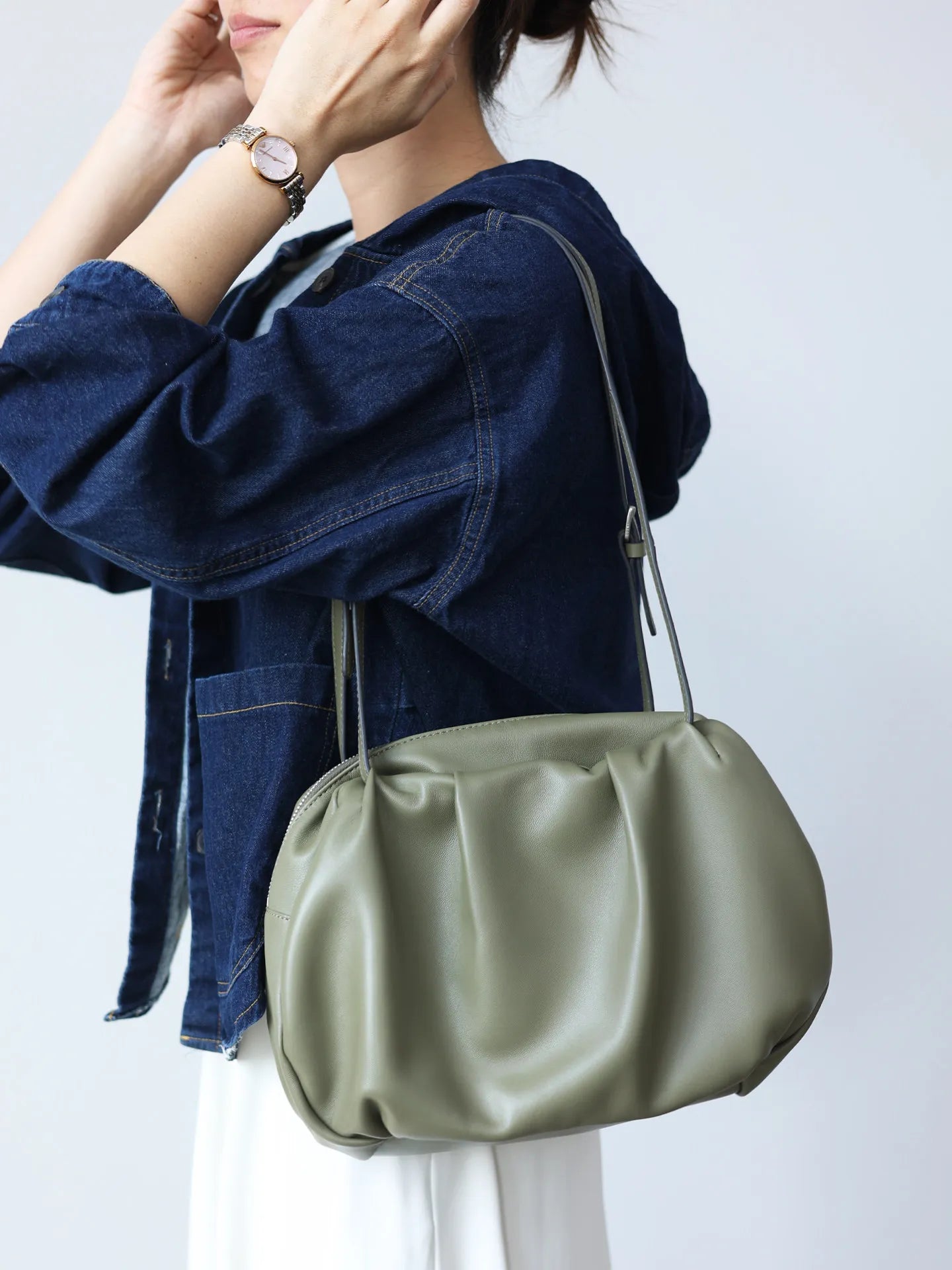 Ruched Leather Shoulder Bag